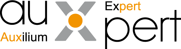 Logo von AUXpert mit stilisiertem grauen „X“, orangefarbenem Mittelpunkt sowie den Schriftzügen „Auxilium“ und „Expert“ in modernem Design auf transparentem Hintergrund.