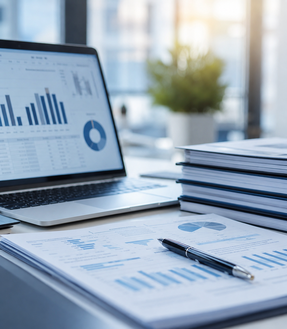 Arbeitsplatz mit Laptop, Diagrammen, Unterlagen und Stift zur Analyse von Unternehmensdaten und betriebswirtschaftlichen Kennzahlen.