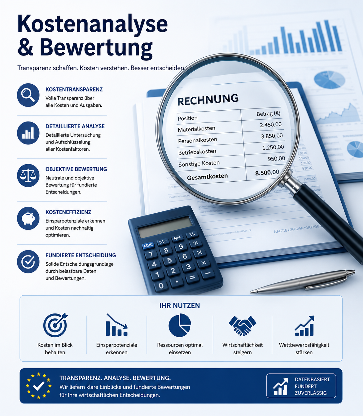 Infografik zur Kostenanalyse und Bewertung mit Rechnungsübersicht, Lupe, Taschenrechner und Diagrammen zur transparenten Kostenkontrolle und wirtschaftlichen Entscheidungsfindung.