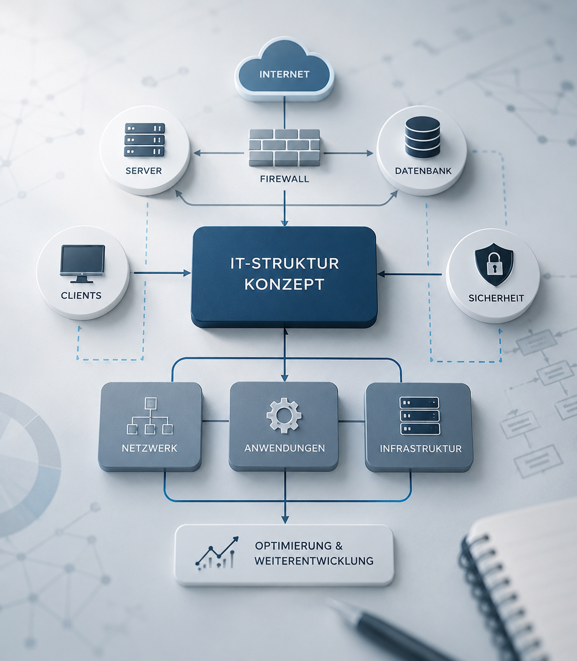 Infografik zu einem IT-Strukturkonzept mit Netzwerk, Anwendungen, Infrastruktur, Firewall, Server, Datenbank und Sicherheitskomponenten für eine moderne IT-Umgebung.